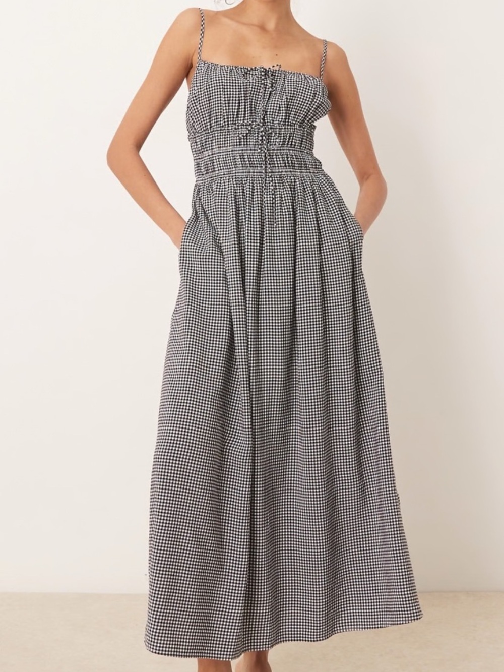 Abercrombie & Fitch Gingham Smocked Tie-Front Midi Dress